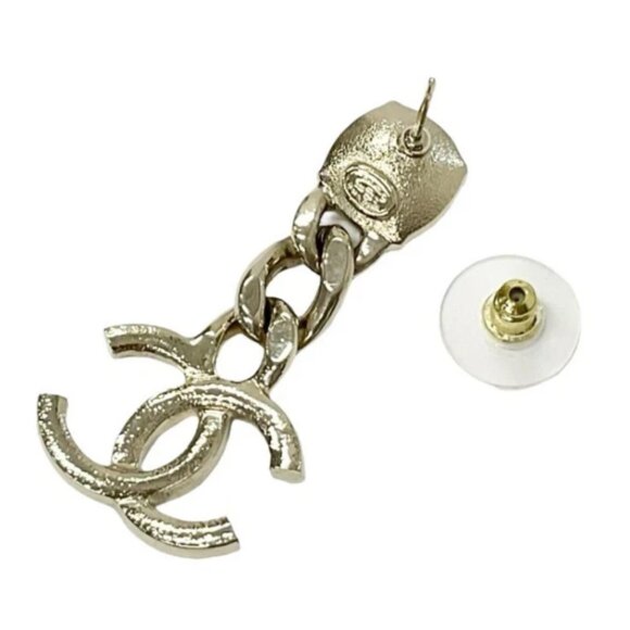 CHANEL CC Logos Rhinestone Dangle Stud Earrings Gold Tone C23C Auth - Picture 6 of 6